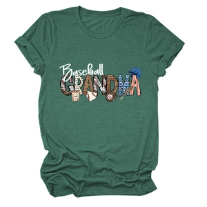 Dark green Baseball Grandma crewneck t-shirt with leopard and star-striped themed patterns