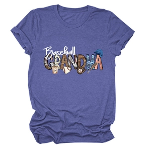 Detail of Baseball Grandma tee showing graphic prints of baseball gear and leopard patterns