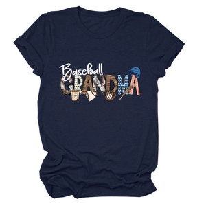 Detailed close-up of Baseball Grandma print with leopard patterns on navy blue T-shirt