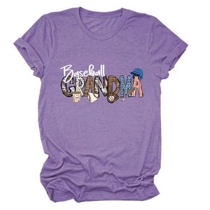 Detail of purple heather t-shirt showing Baseball Grandma print with sports icons