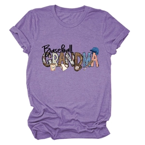 Close-up of Baseball Grandma graphic tee with leopard and baseball patterns on purple fabric