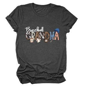 Detail of Baseball Grandma print with leopard and flag patterns on dark grey t-shirt