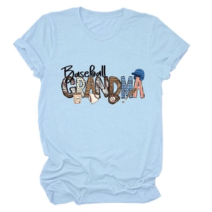 Detail of the high-quality Baseball Grandma print on a light blue cotton crewneck t-shirt
