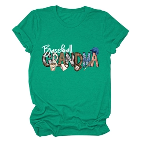 Close-up of Baseball GRANDMA graphic with bat and helmet print on green cotton t-shirt