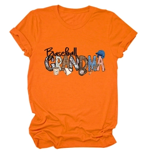Detail view of the Baseball Grandma print with leopard and floral textures on orange cotton T-shirt