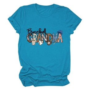Close-up of Baseball Grandma graphic with bats and glove on a teal crewneck T-shirt