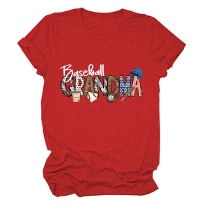 Detail of Baseball GRANDMA artistic print on a red crew neck cotton short sleeve t-shirt