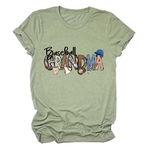 Close-up of Baseball Grandma graphic with leopard and star patterns on green cotton T-shirt