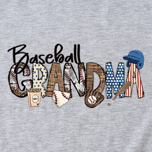 Grey baseball grandma t-shirt with detailed colorful sports themed graphic print