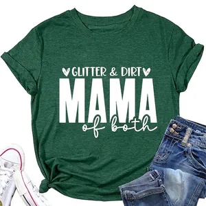T-Shirt Femme Casual Mélange Coton Col Rond Glitter Dirt Mama Of Both Imprimé Lettres Manches Courtes Top Streetwear Ample