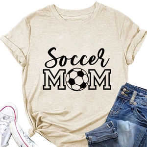 Detail of Soccer MOM print on beige crewneck t-shirt with flat lay casual styling