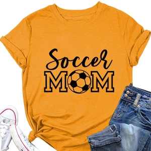 Detail of Soccer MOM graphic on casual yellow cotton T-shirt with rolled sleeves