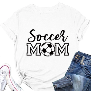 Detail of soft cotton white t-shirt featuring black Soccer Mom print and football graphic