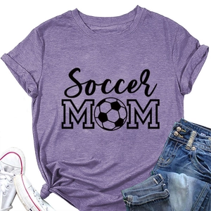 Detail of Soccer MOM print on purple heather cotton fabric t-shirt with sports theme