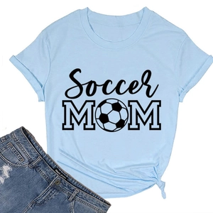 Close-up of knotted hem detail on light blue Soccer Mom cotton t-shirt with print