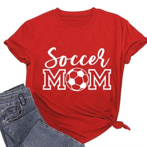 Close-up of Soccer MOM print on red cotton T-shirt with soccer ball graphic detail