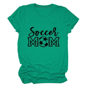 Close-up of bright green Soccer Mom cotton T-shirt with football graphic and black lettering