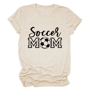 Detail of Soccer MOM print with soccer ball icon on beige crew neck cotton T-shirt