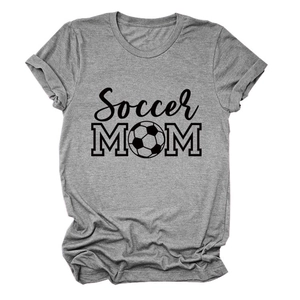 Detailed view of Soccer Mom print on a grey cotton t-shirt with creative football graphic