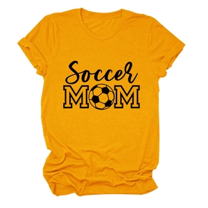 Close-up of Soccer MOM print and fabric texture on a bright yellow cotton t-shirt