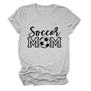 Detail of grey Soccer Mom t-shirt featuring football print and rolled cuffs