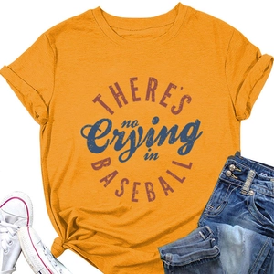 Detail of ginger yellow t-shirt with There’s No Crying In Baseball graphic print