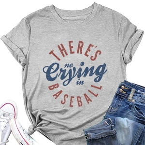 Detail of vintage 'No Crying in Baseball' print on grey t-shirt with denim shorts