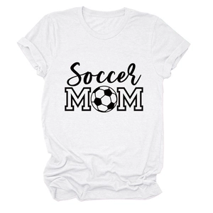 Detail of Soccer MOM print with soccer ball icon on a white cotton crewneck t-shirt