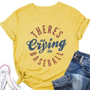 Close-up of yellow baseball t-shirt with front graphic and stylish front knot detail