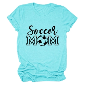 Detailed view of Soccer Mom print on light blue cotton t-shirt with soccer ball pattern