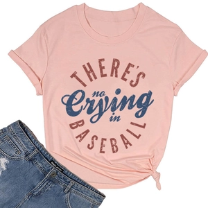 Detail of pink cotton T-shirt featuring baseball graphic print and stylish side knot design