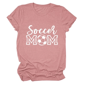 Detail of Soccer MOM print on dusty pink crew neck cotton t-shirt with football pattern