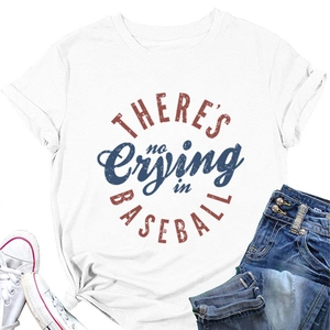 Flat lay of white cotton T-shirt with vintage baseball slogan and casual denim shorts