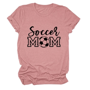 Detail of Soccer MOM screen print with soccer ball icon on mauve cotton t-shirt