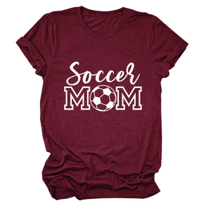 Detail of burgundy Soccer MOM t-shirt with football print on knit cotton fabric