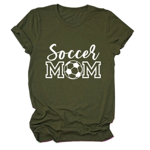 Army green soccer mom t-shirt with rolled sleeves and football graphic on white background