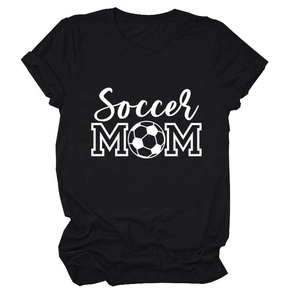Detail of Soccer MOM print on black crew neck cotton t-shirt with football pattern