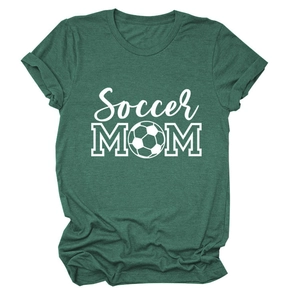 Detailed flat lay of green Soccer MOM cotton t-shirt with creative football graphic print