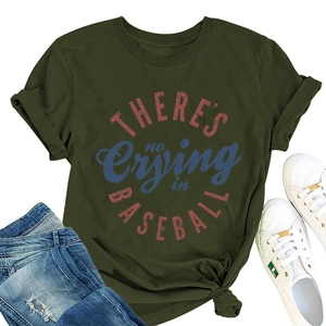 Flat lay of army green T-shirt with 'THERE'S NO CRYING IN BASEBALL' slogan print