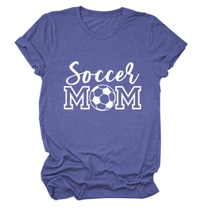 Close-up of Soccer MOM print on purple crew neck T-shirt with soft melange texture
