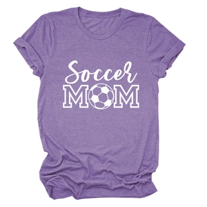Detailed close-up of Soccer MOM graphic with football icon on purple heather t-shirt
