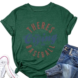 Flat lay of dark green crew neck baseball t-shirt with red and blue letter printing
