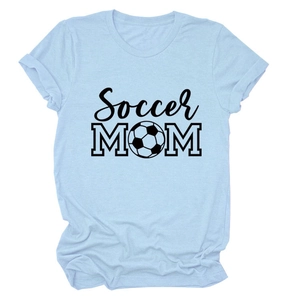 Close-up of light blue Soccer Mom cotton t-shirt with artistic lettering and soccer icon