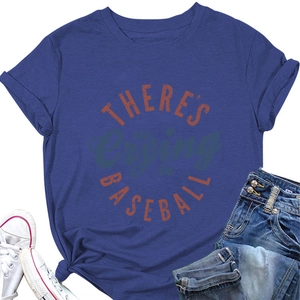 Flat lay of navy baseball T-shirt with orange 'THERE'S NO CRYING IN BASEBALL' print