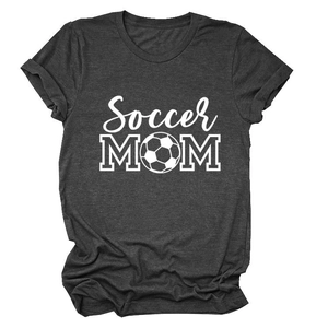 Close-up of Soccer MOM print and soccer ball icon on dark gray cotton t-shirt