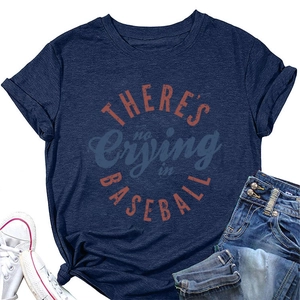 Detail of navy blue baseball slogan tee showing knit texture and stylish front knot