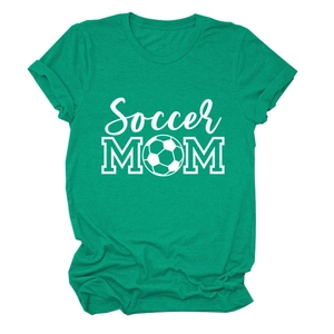 Close-up of bright green T-shirt fabric featuring Soccer MOM text with soccer ball graphic