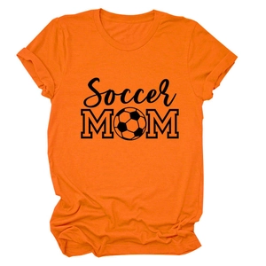 Detail of rolled cuffs and Soccer MOM print on bright orange cotton t-shirt