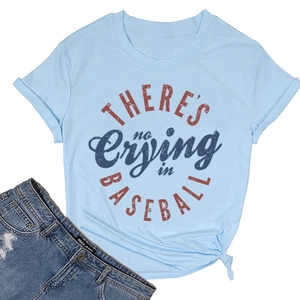 Close-up of light blue baseball t-shirt with vintage print and stylish side knot detail