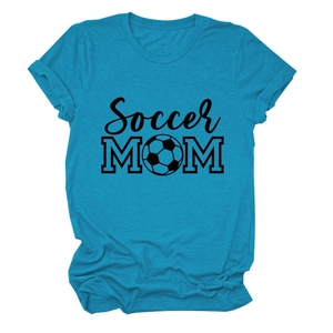 Detail of teal Soccer MOM t-shirt featuring black lettering and soccer ball graphic